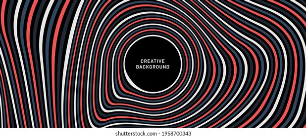 Bright multi-colored background with striped lines around black circle and text. Vector illustration. Trendy design for poster, brochure, presentation, website etc.