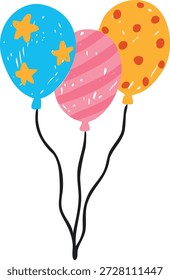 Bright multicolored balloons, hand-drawn with pencil, chalk, or marker. Birthday, holiday, gift, event, party. Children's art. For cards and stickers. Flat vector illustration. Isolated background.