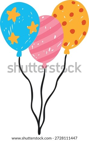 Bright multicolored balloons, hand-drawn with pencil, chalk, or marker. Birthday, holiday, gift, event, party. Children's art. For cards and stickers. Flat vector illustration. Isolated background.