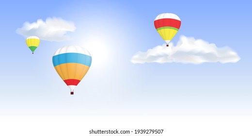 Bright, multi-colored balloons on a blue sky with white fluffy  clouds and sun. Light blue background. Day, morning. Vector illustration