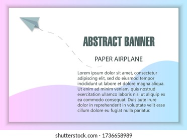 Bright, multi-colored banner template. Gradient pink-blue. Dotted paper airplane with dashed take-off strip. Sample for posters, business ideas, presentations, brochures. Vector image.
