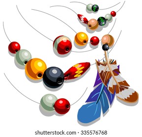 bright multicolored beads and feathers