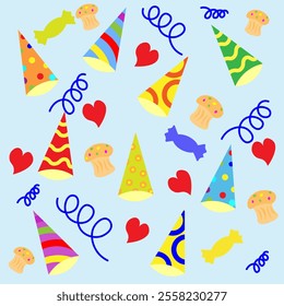 bright multicolored birthday drawing. drawing festive colorful birthday hat, hearts, cupcakes.