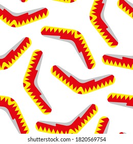 Bright multicolored boomerangs isolated on white background. Cute seamless pattern. Vector flat graphic hand drawn illustration. Texture.