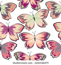 Bright multicolored butterflies on a white background.  Butterfly seamless pattern. 