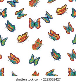 Las mariposas multicolores brillantes son un patrón sin fisuras. Fondo de escritorio, fondo, fiesta infantil, papel de artesanía, scrapbooking