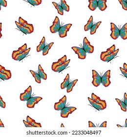 Las mariposas multicolores brillantes son un patrón sin fisuras. Fondo de escritorio, fondo, fiesta infantil, papel de artesanía, scrapbooking