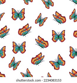 Las mariposas multicolores brillantes son un patrón sin fisuras. Fondo de escritorio, fondo, fiesta infantil, papel de artesanía, scrapbooking