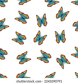 Las mariposas multicolores brillantes son un patrón sin fisuras. Fondo de escritorio, fondo, fiesta infantil, papel de artesanía, scrapbooking