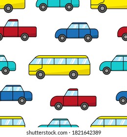 Bright multicolored cars isolated on white background. Bus, sedan, pickup. Cute transport seamless pattern. Side view. Vector flat graphic hand drawn illustration. Texture.