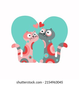 Bright multicolored cartoon cats with hearts, cats in love. Vector illustration with isolated background.