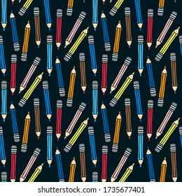 Bright multi-colored cartoon pencils isolated on a dark blue background. Cute childish seamless pattern. Hand drawn vector graphic illustration. Texture.