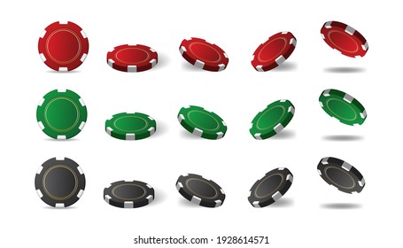 Bright multi-colored casino chips for poker or roulette. Elements for logo, website, banner, flyer or background design. Vector illustration isolated on white background.