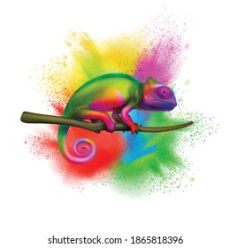 Bright multicolored chameleon on tree branch closeup isolated realistic image color explosion on white background vector illustration  svg