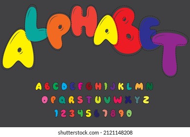 Bright multicolored children's font. Vector illustration of the alphabet and numbers.