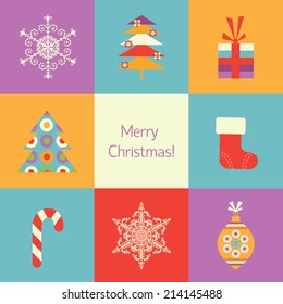 Bright multicolored Christmas background with snowflakes, fir trees, ball and gifts