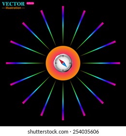 Bright multi-colored circle with rays on a black background. compass icon with red and blue arrow, vector illustration, EPS 10