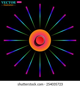 Bright multi-colored circle with rays on a black background. Red button start, stop. Vector illustration, EPS 10