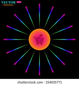 Bright multi-colored circle with rays on a black background. remove from the shopping cart, vector illustration, EPS 10