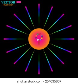 Bright multi-colored circle with rays on a black background. Children's toy wind mill, turntables, pinwheel wind vane, vector illustration, EPS 10