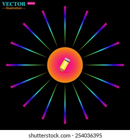 Bright multi-colored circle with rays on a black background. yellow pencil, vector, EPS 10