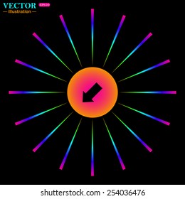 Bright multi-colored circle with rays on a black background. arrow indicates the direction, vector illustration, EPS 10