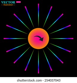 Bright multi-colored circle with rays on a black background. arrow indicates the direction, vector illustration, EPS 10