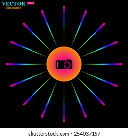 Bright multi-colored circle with rays on a black background. photo camera, vector illustration, EPS 10