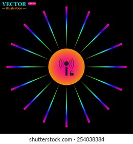 Bright multi-colored circle with rays on a black background. Wireless network access is open, unlocked , vector illustration, EPS 10