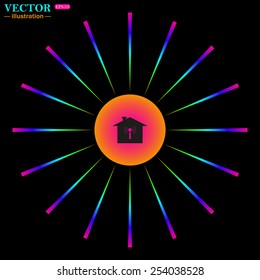 Bright multi-colored circle with rays on a black background. The house is surrounded by a network wi-fi , vector illustration, EPS 10