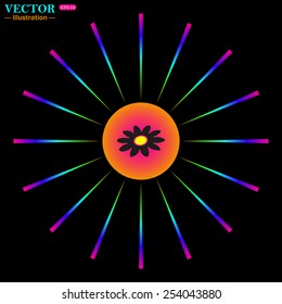 Bright multi-colored circle with rays on a black background. daisy,vector illustration, EPS 10