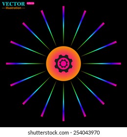 Bright multi-colored circle with rays on a black background. Cog Settings , vector illustration, EPS 10