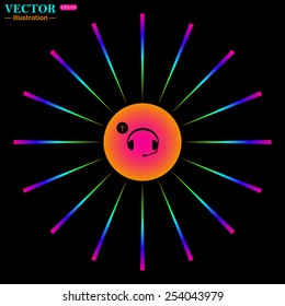 Bright multi-colored circle with rays on a black background. Headphones. Musical accessories running through wi-fi network,  vector illustration, EPS 10