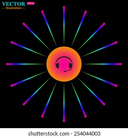 Bright multi-colored circle with rays on a black background. Headphones. Musical accessory,   vector illustration, EPS 10