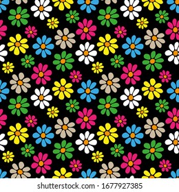 Bright multi-colored colorful flowers isolated on a black background. Cartoon children`s seamless pattern. Vector graphic hand illustration. Texture.