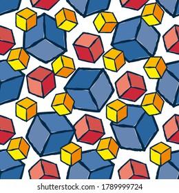 Bright multicolored cubes isolated on white background. Cute abstract seamless pattern. Vector flat graphic hand drawn illustration. Texture.