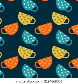 Bright Multicolored Cups Seamless Pattern, Ceramic Crockery Texture, Background, Drink Wallpapers, Beverage Endless Ornament, Repeating Print. Hand-drawn Mugs With Dots. Flat Vector Illustration