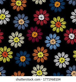 Bright multi-colored daisy flowers isolated on a black background. Beautiful cute floral seamless pattern. Hand drawn vector flat graphic illustration. Texture.