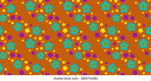 Bright multicolored diagonal wavy floral seamless pattern. Repeat abstract botanical pattern. Vector illustration.