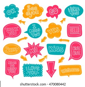 Bright multi-colored dialog clouds with words and phrases. Arrows. Cartoon, kids, school style. Love, welcome, hello, go, thank you, yes, ok, miss you, kiss, nice, sorry.