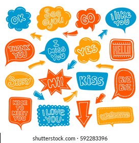 Bright multi-colored dialog clouds with words and phrases. Arrows. Cartoon, kids, school style. Love, welcome, hello, go, thank you, yes, ok, miss you, kiss, nice, sorry. Vector illustration. 