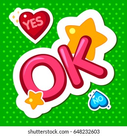 Bright, multi-colored dialog with words "No, yes, ok". Cartoon, school style. Vector illustration Design greeting card