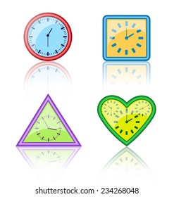 Bright multicolored different forms of clocks with reflection on white background