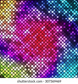 Bright multicolored disco mosaic of shiny squares with rounded corners