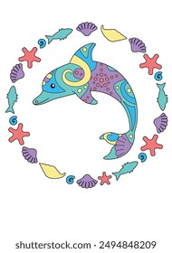 Bright multi-colored dolphin in a frame of shells - vector full-color picture for printing. Dolphin marine mammal animal