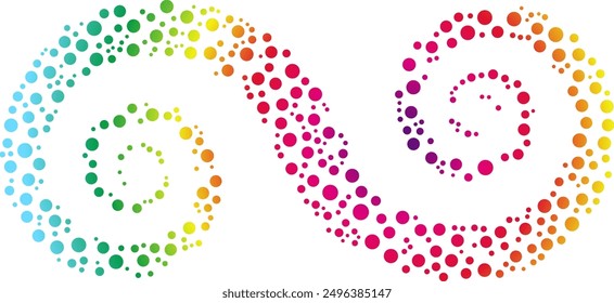 Bright, multicolored double spiral made up of dots of different sizes forms dynamic and visually appealing design, ideal for creative and artistic projects