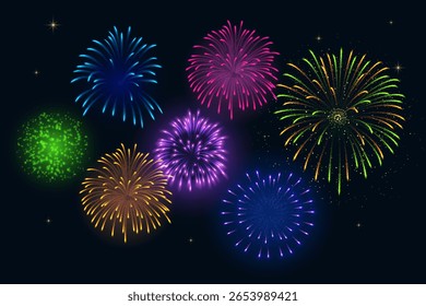 Bright, multi-colored fireworks in the night sky. Vector realistic illustration. Explosions of firecrackers in yellow, purple, blue, pink colors with splashes and sparks. Glow effect. Festive show.