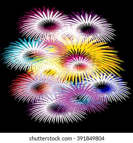 Bright multicolored fireworks on black background. Vector.