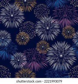 Bright multicolored fireworks seamless pattern. Abstract background with beautiful flashes of firecrackers on dark.