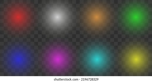 Bright multicolored flash of light, neon star light on a transparent background. Light through a lens
